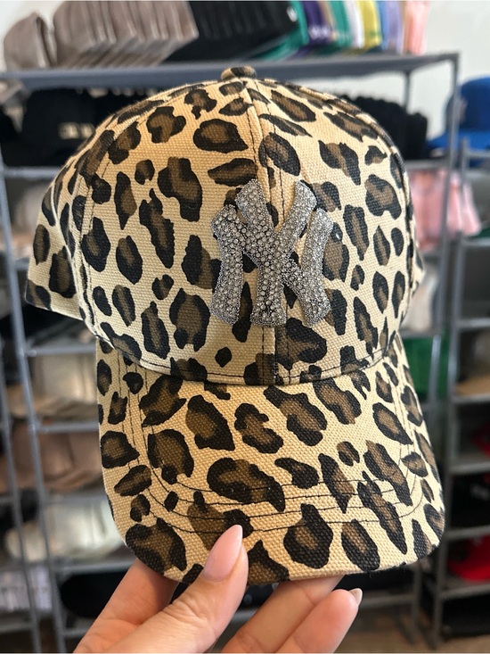 None Accessories - Leopard Print Rhinestone Logo Baseball Cap - Tan & Black